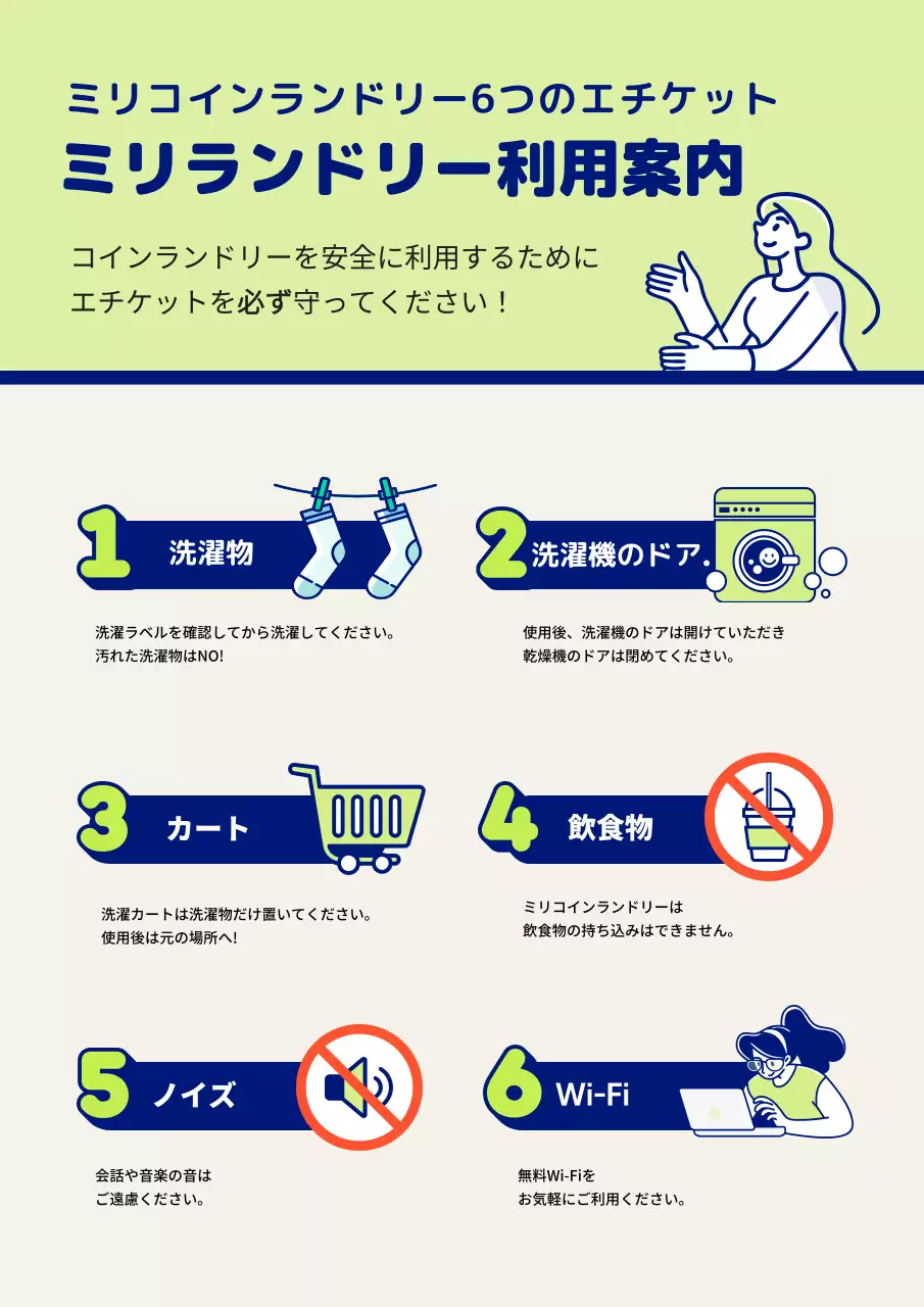 薄緑と青の数字グラフィックのコインランドリー利用案内
