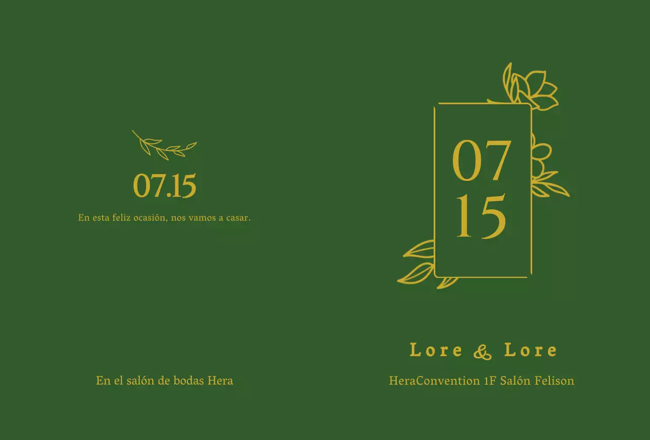 Lujosas invitaciones de boda en verde oscuro y lámina dorada