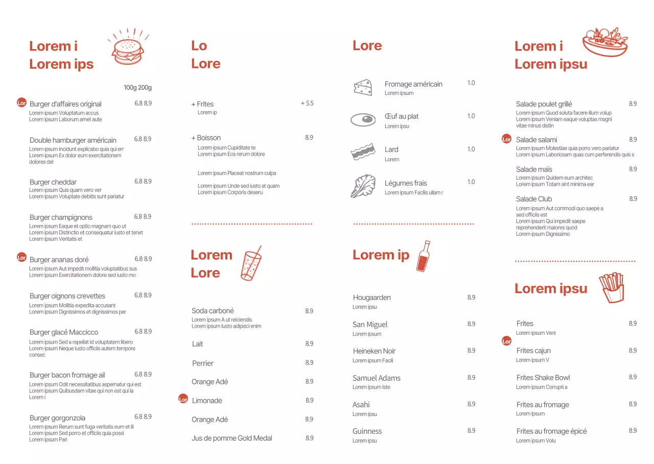 Panneau de promotion et de menu pour hamburgers, fait à la main, de style simple, rouge et blanc