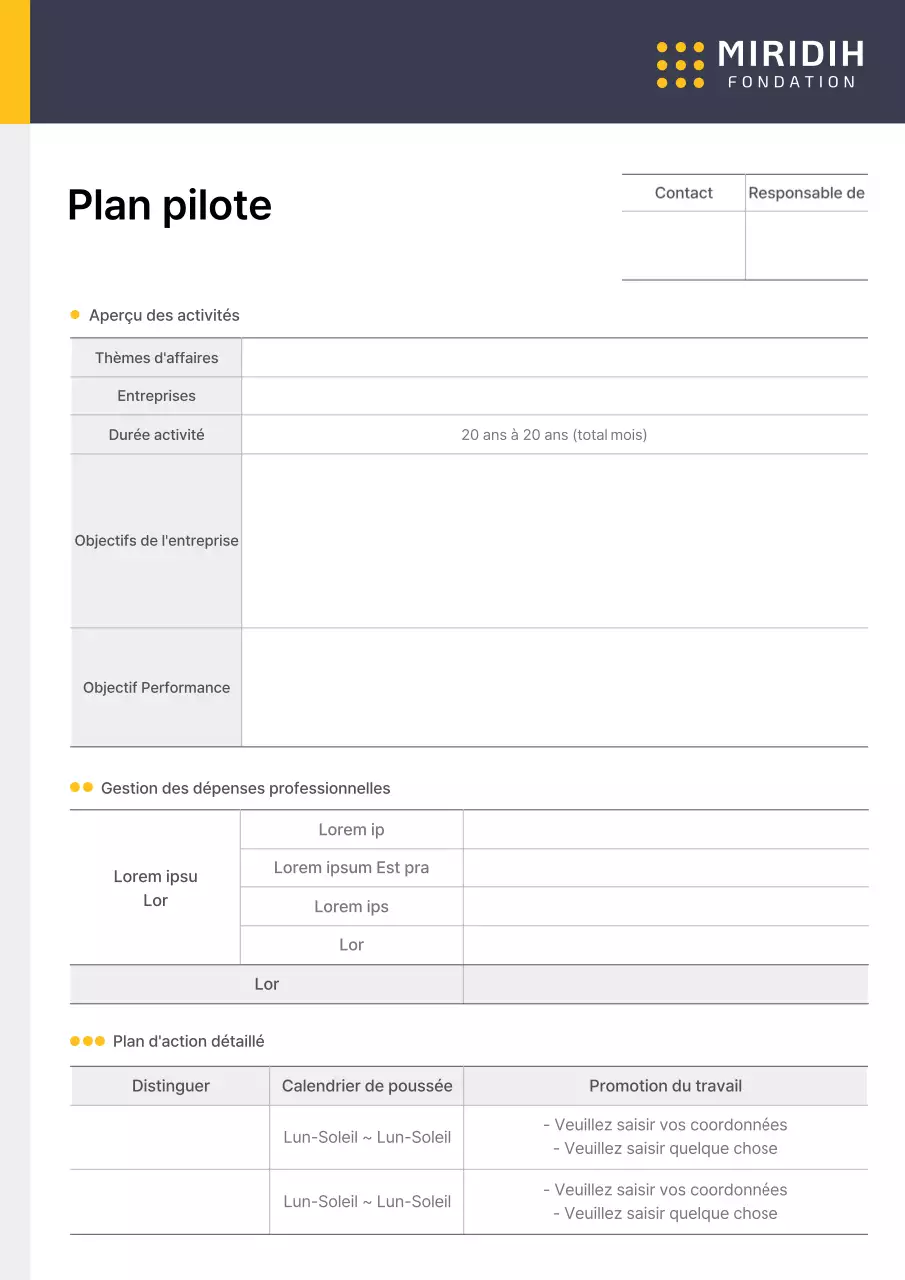 Formulaire de plan opérationnel du projet pilote d'entreprise en couleurs jaune-bleu