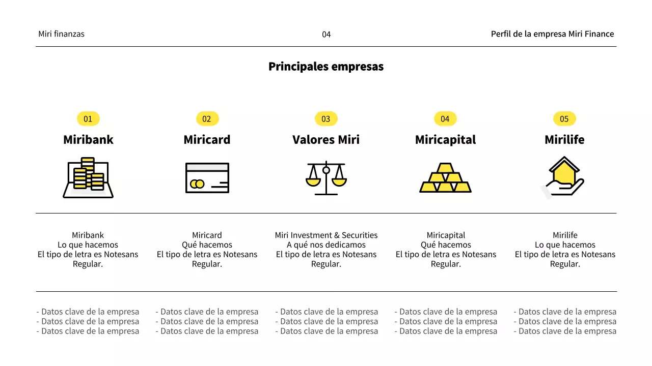 Un perfil de empresa financiera minimalista en amarillo y blanco