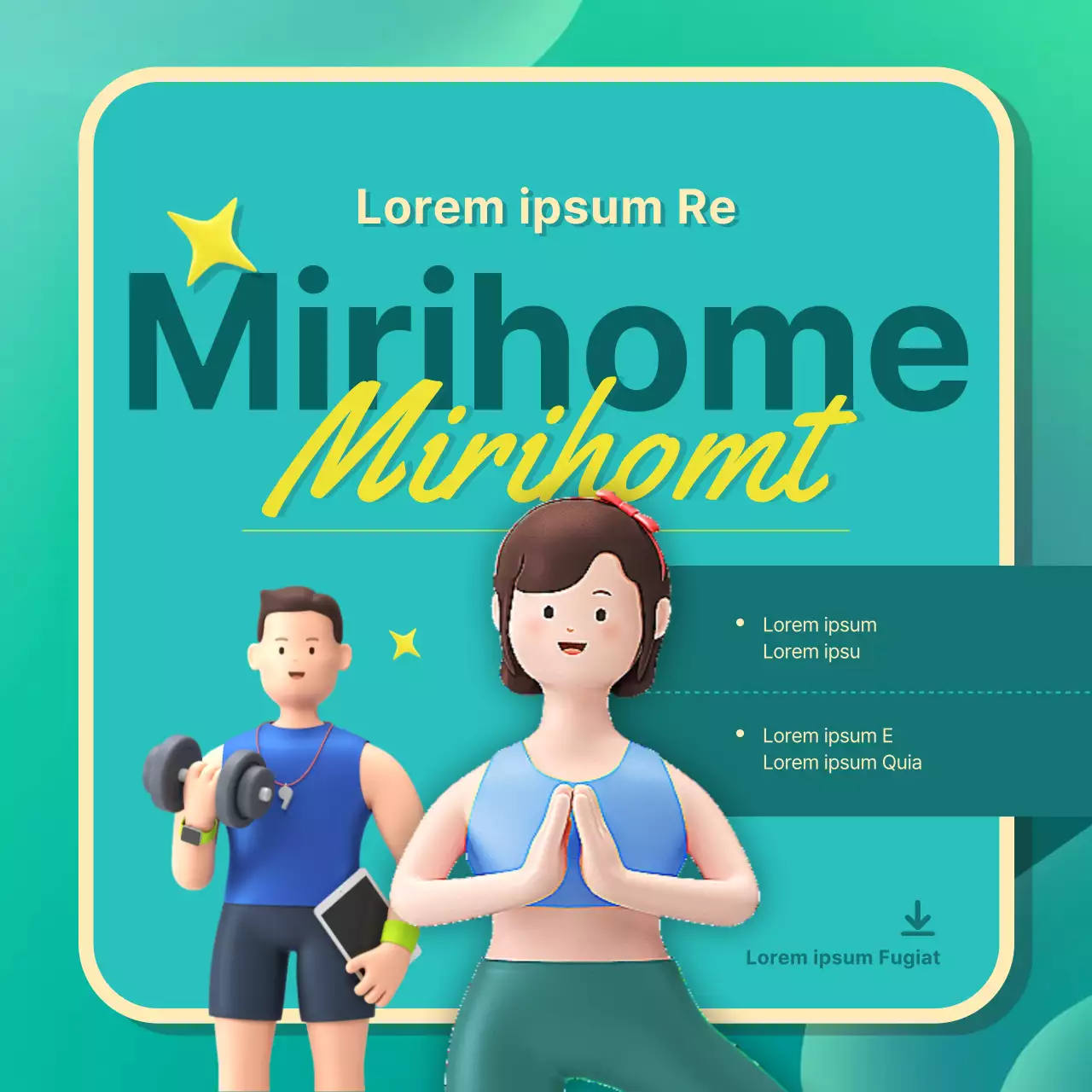 Promouvoir une mignonne application de plateforme d'entraînement à domicile sans contact en 3D, en vert et en rose.