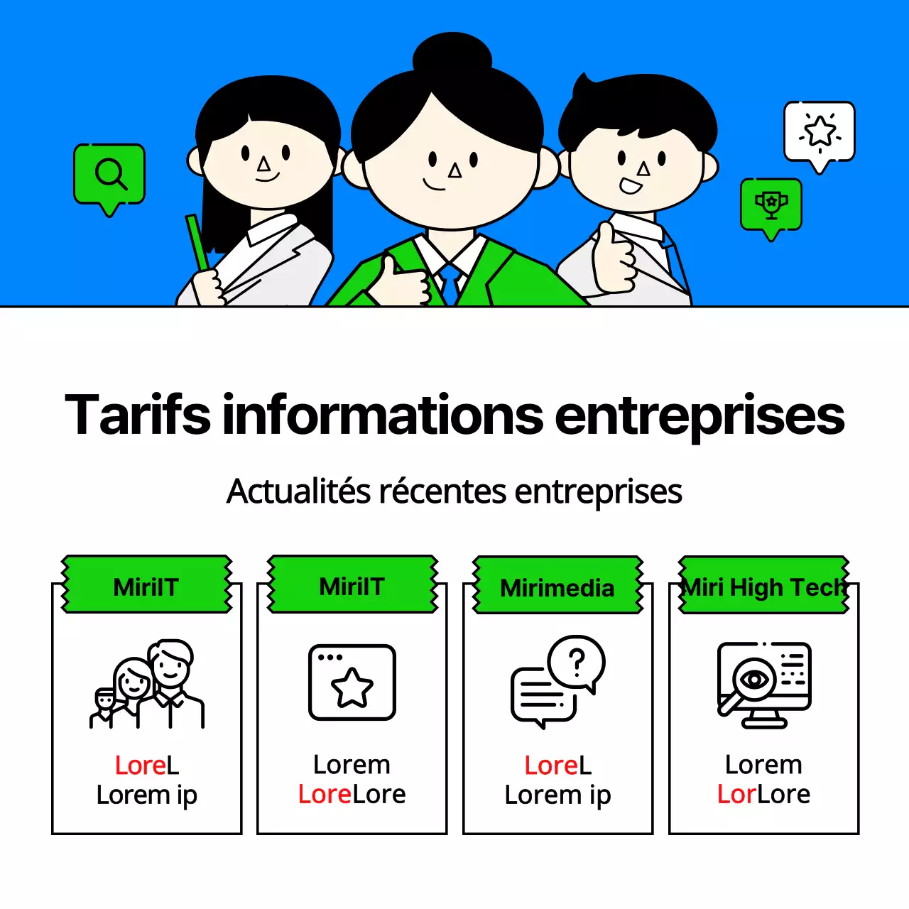 Liste d'offres d'emploi d'entreprises du secteur des technologies de l'information avec des illustrations d'entreprises simples et mignonnes dans les tons bleu clair et chartreuse.