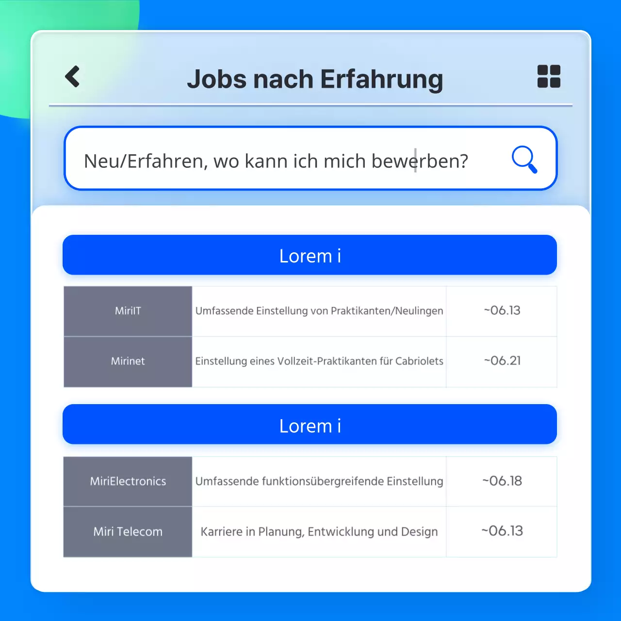 Empfohlene Jobliste für IT-Unternehmen mit blauem 3D-Glasmorphismus-App-Konzept