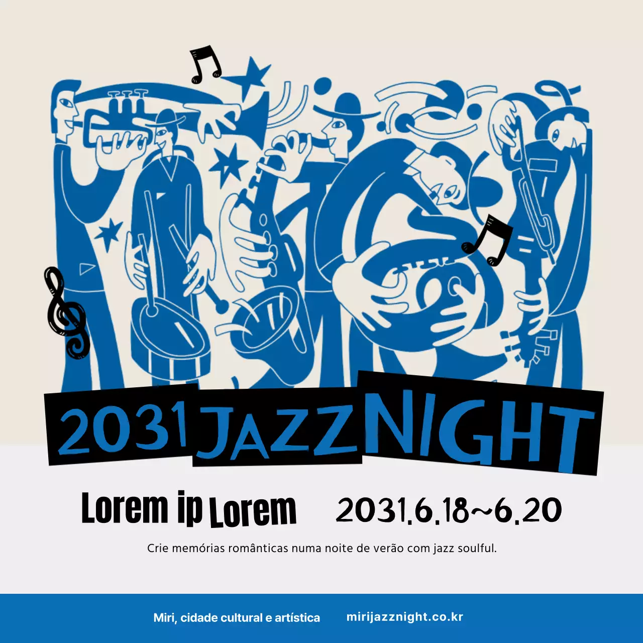 Promoção de um concerto de jazz com um conceito de ilustração em tons de azul