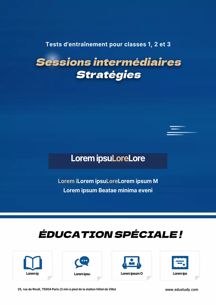 Flyer promouvant des cours d'été spéciaux dans une école bleue