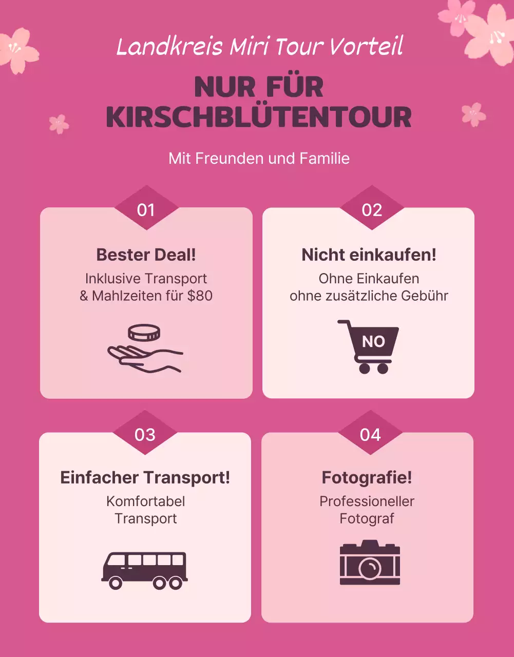 Hübsche Kirschblüten-Illustrationen in Pastellrosa zur Werbung für die Reise