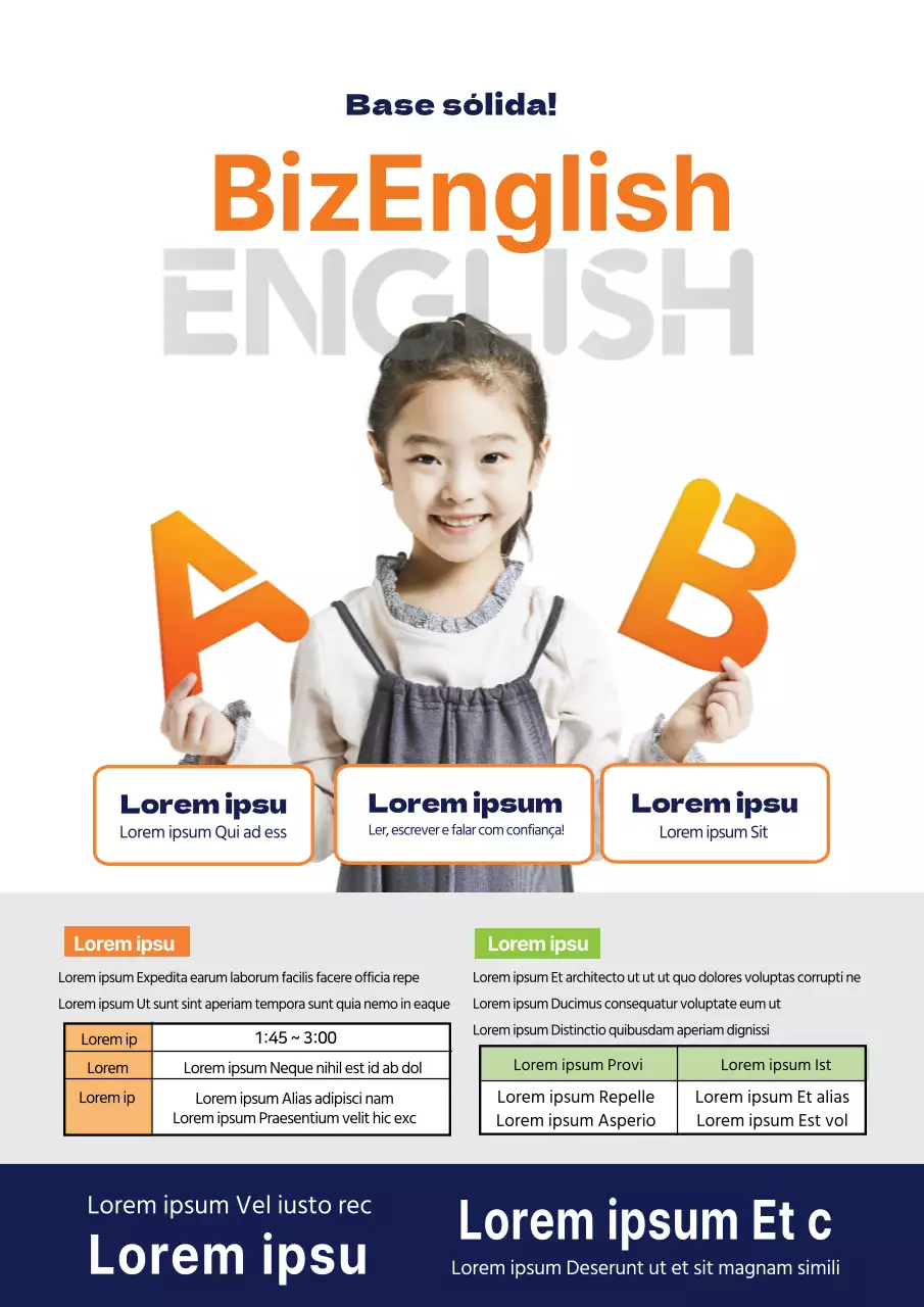 Foto azul-marinho-laranja destaca promoção de escola de inglês