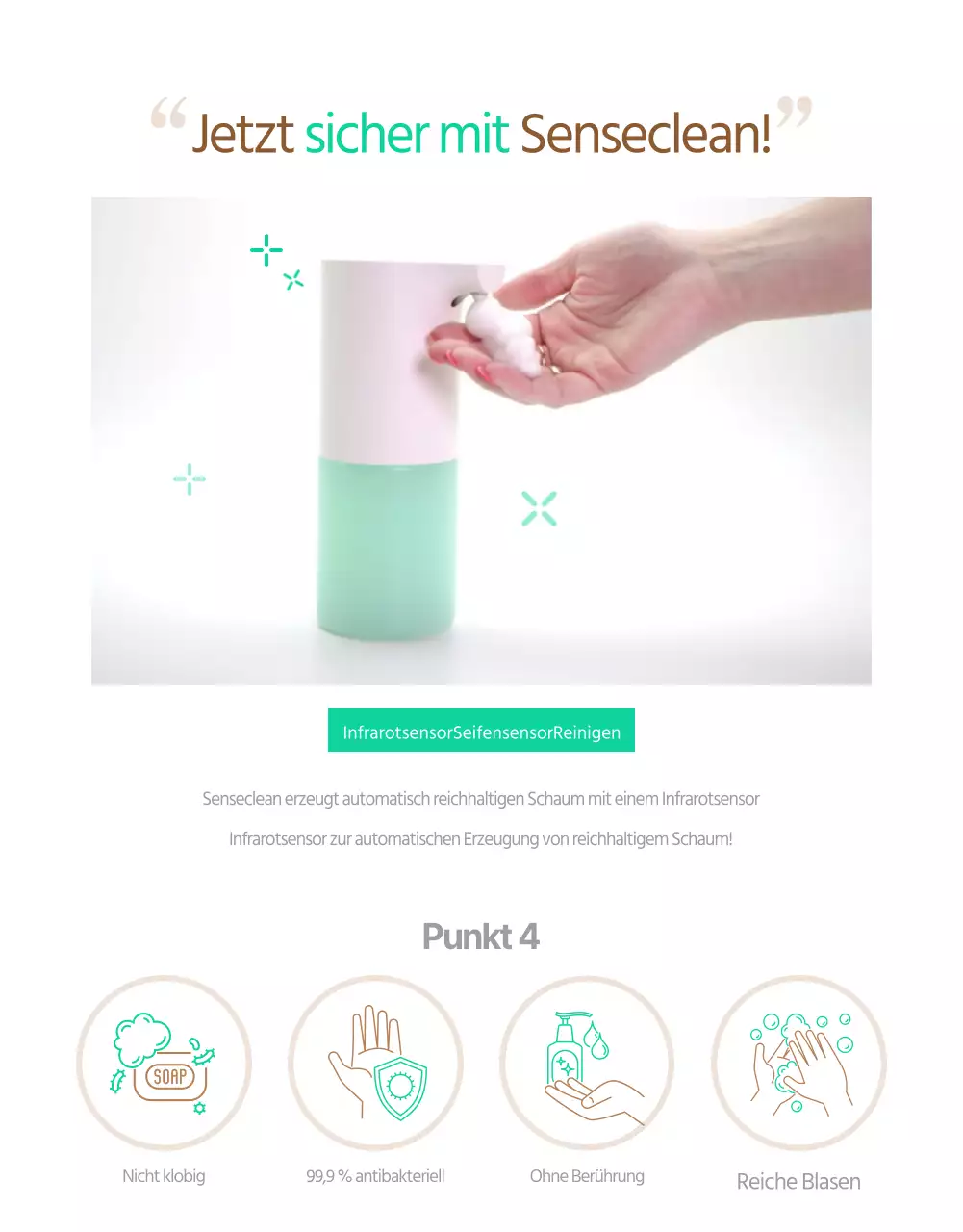 Einfache mintfarbene Sensor-Handdesinfektionsmittel-Elektronik-Verkaufsseite