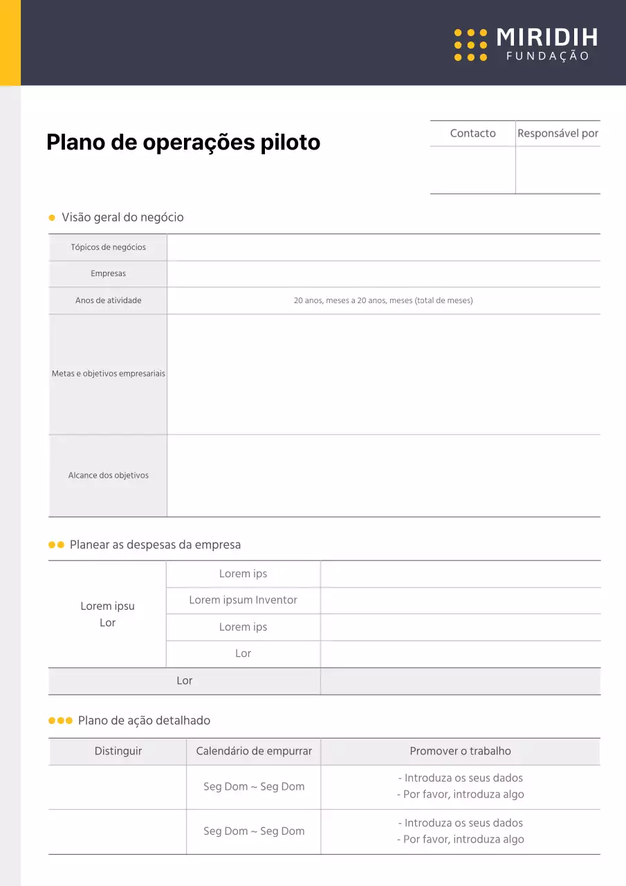 Formulário do plano operacional do projeto-piloto de empresa nas cores amarelo e azul