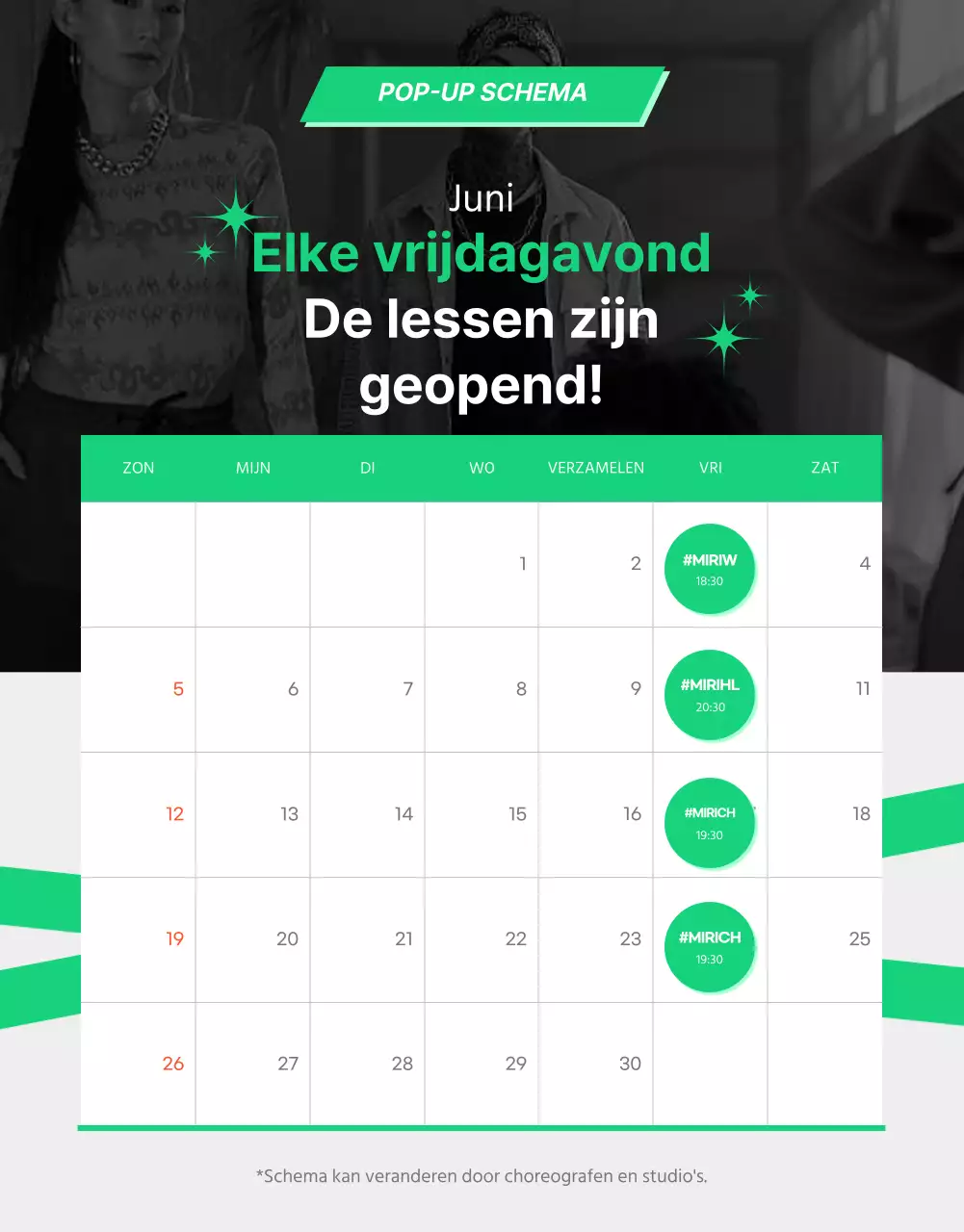 Details pop-up dansles in zwart en groen kleurenschema