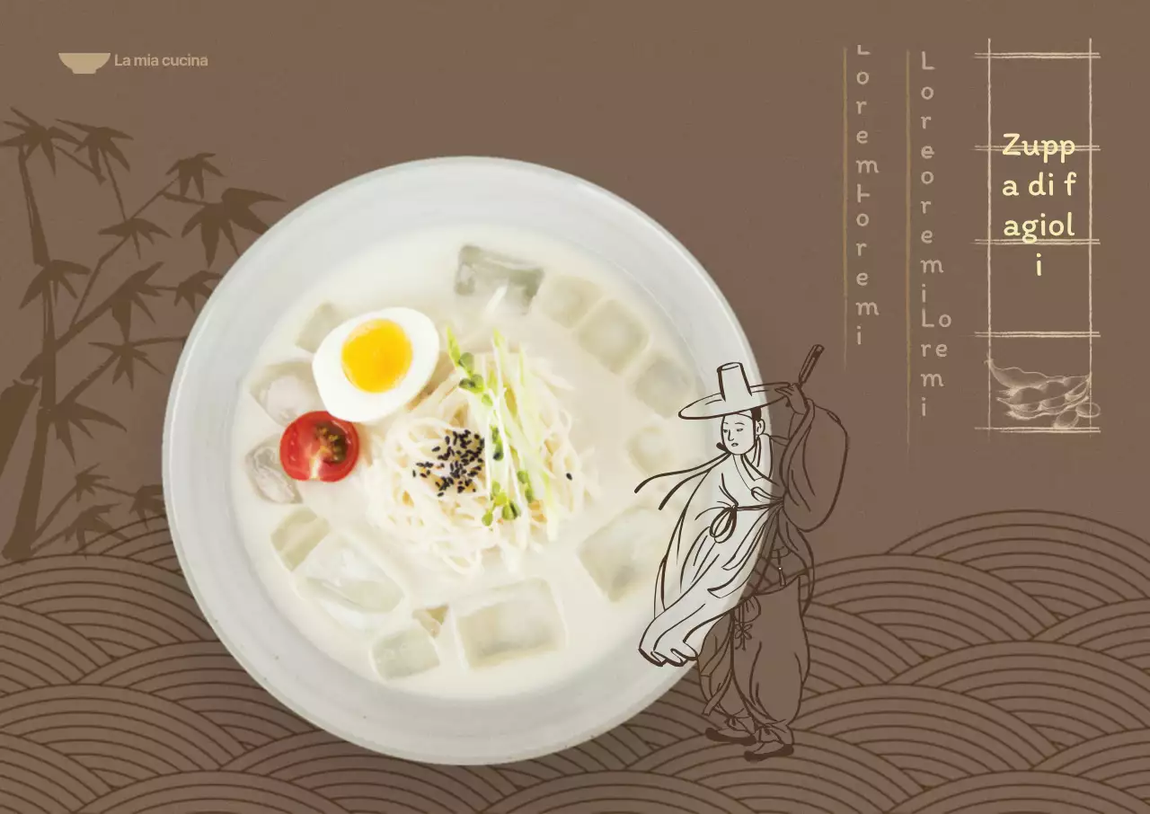 Menu estivo con sfondo marrone scuro e illustrazioni orientali