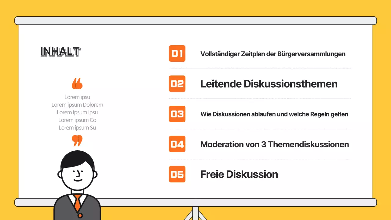 Diskussionspräsentation mit orangefarbener Illustration
