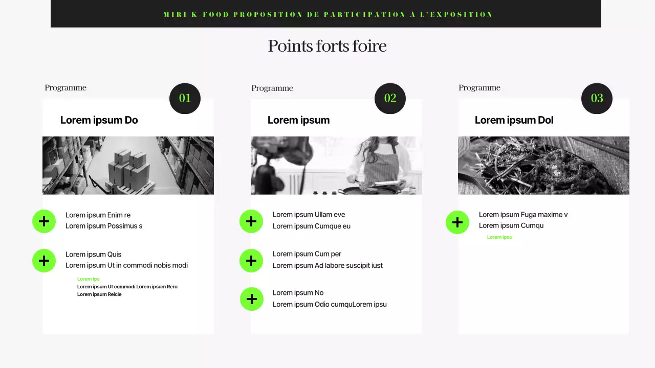 Proposition d'entreprise pour une foire alimentaire moderne en noir et chartreuse