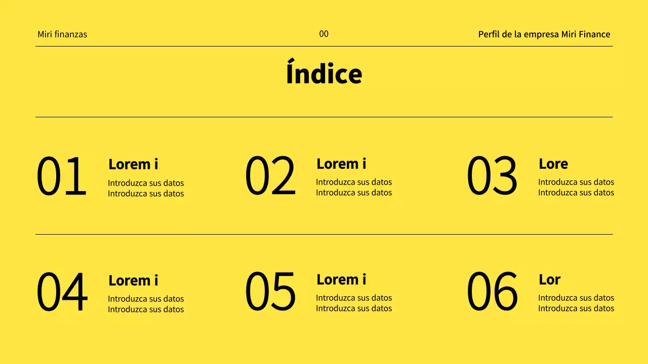Un perfil de empresa financiera minimalista en amarillo y blanco