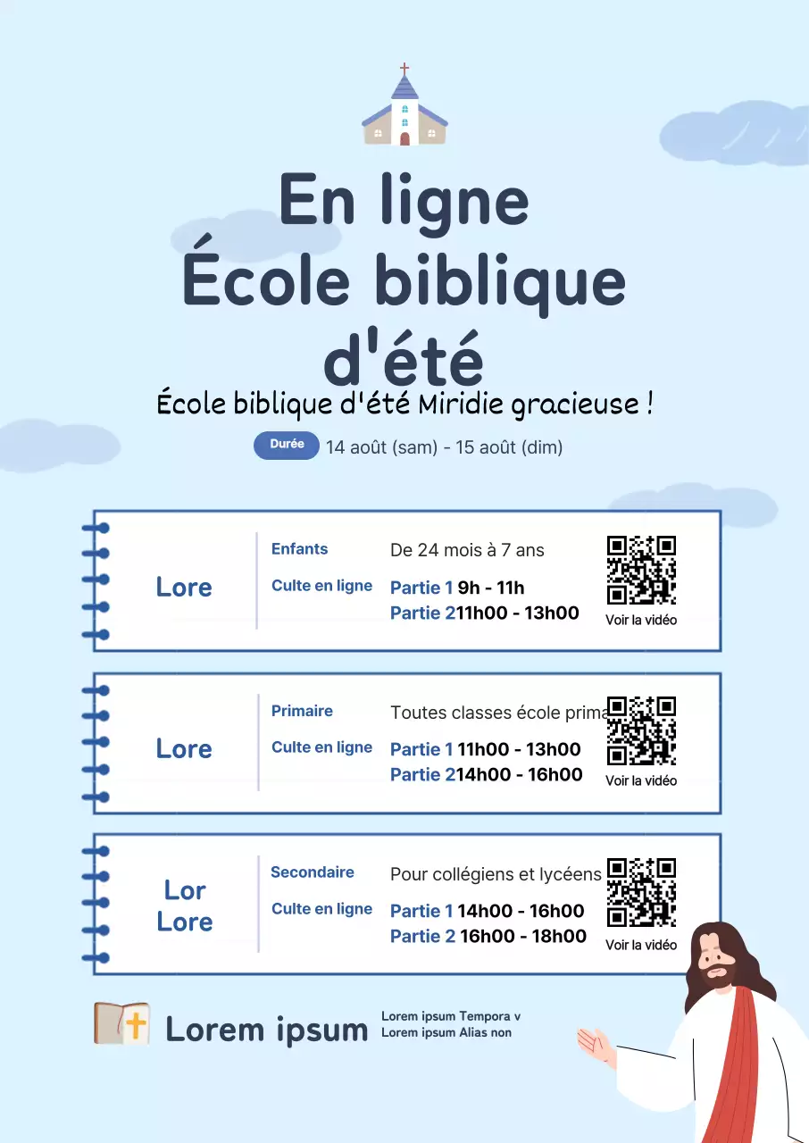 L'école biblique d'été en ligne affiche le portrait de l'église avec une note bleu clair illustration du concept
