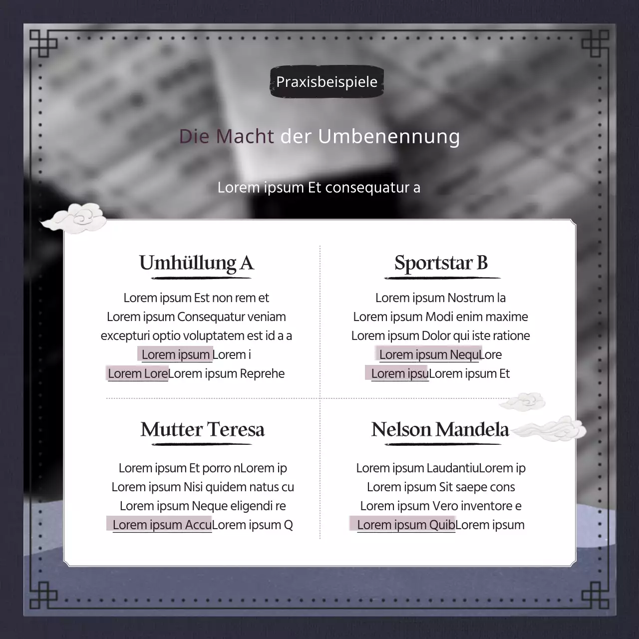 Traditionelle und klassische Nomenklatur in Marineblau und Schwarz