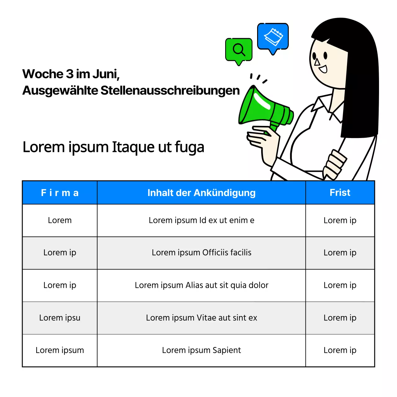 Stellenanzeigen von IT-Unternehmen mit niedlichen und einfachen Geschäftsillustrationen in Hellblau und Chartreuse.