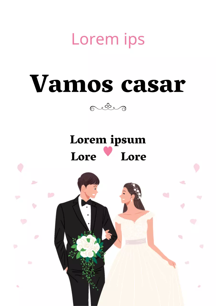 Anúncios de casamento com ilustrações cor-de-rosa de recém-casados felizes