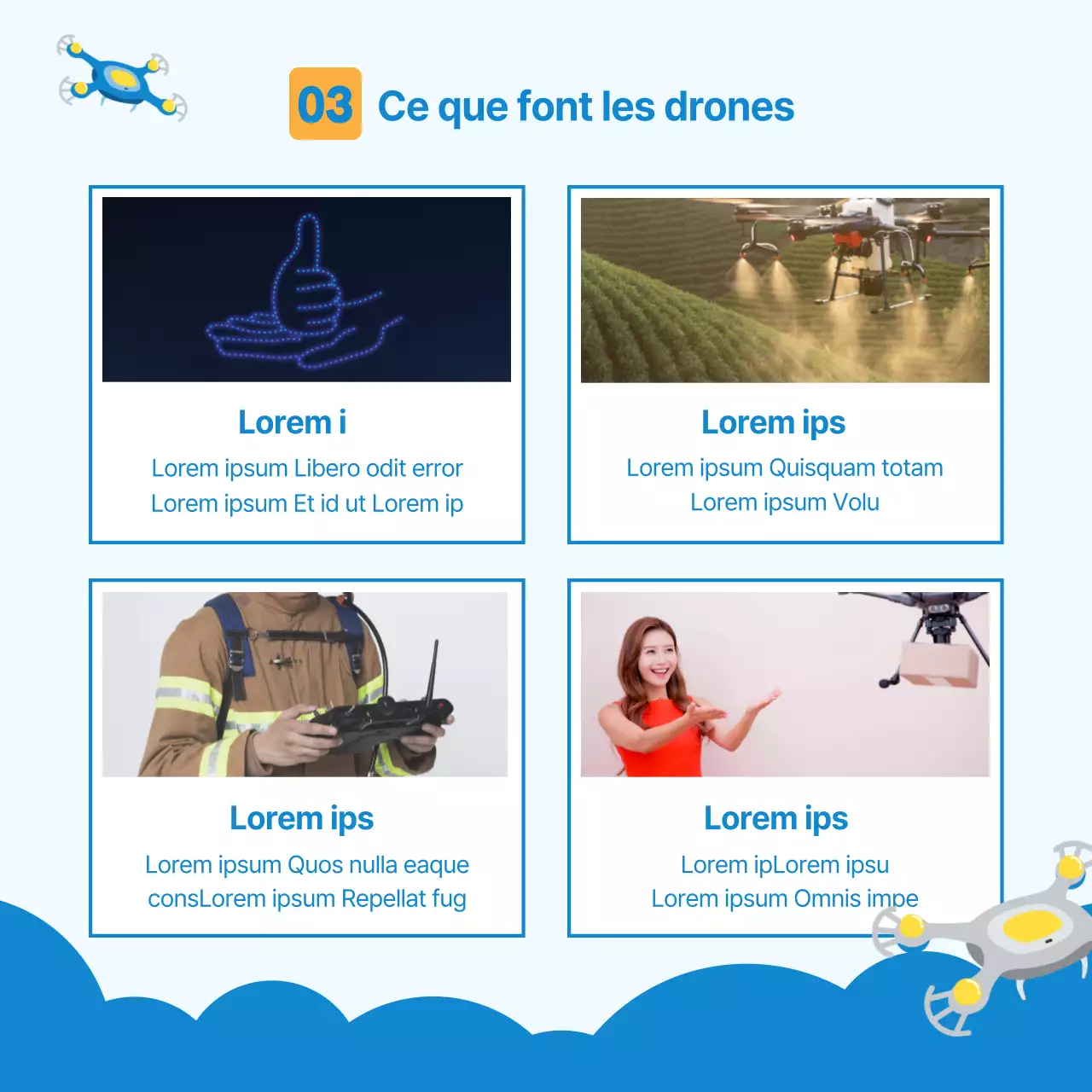 World of Drones CardNews Design dans une ambiance bleue et blanche