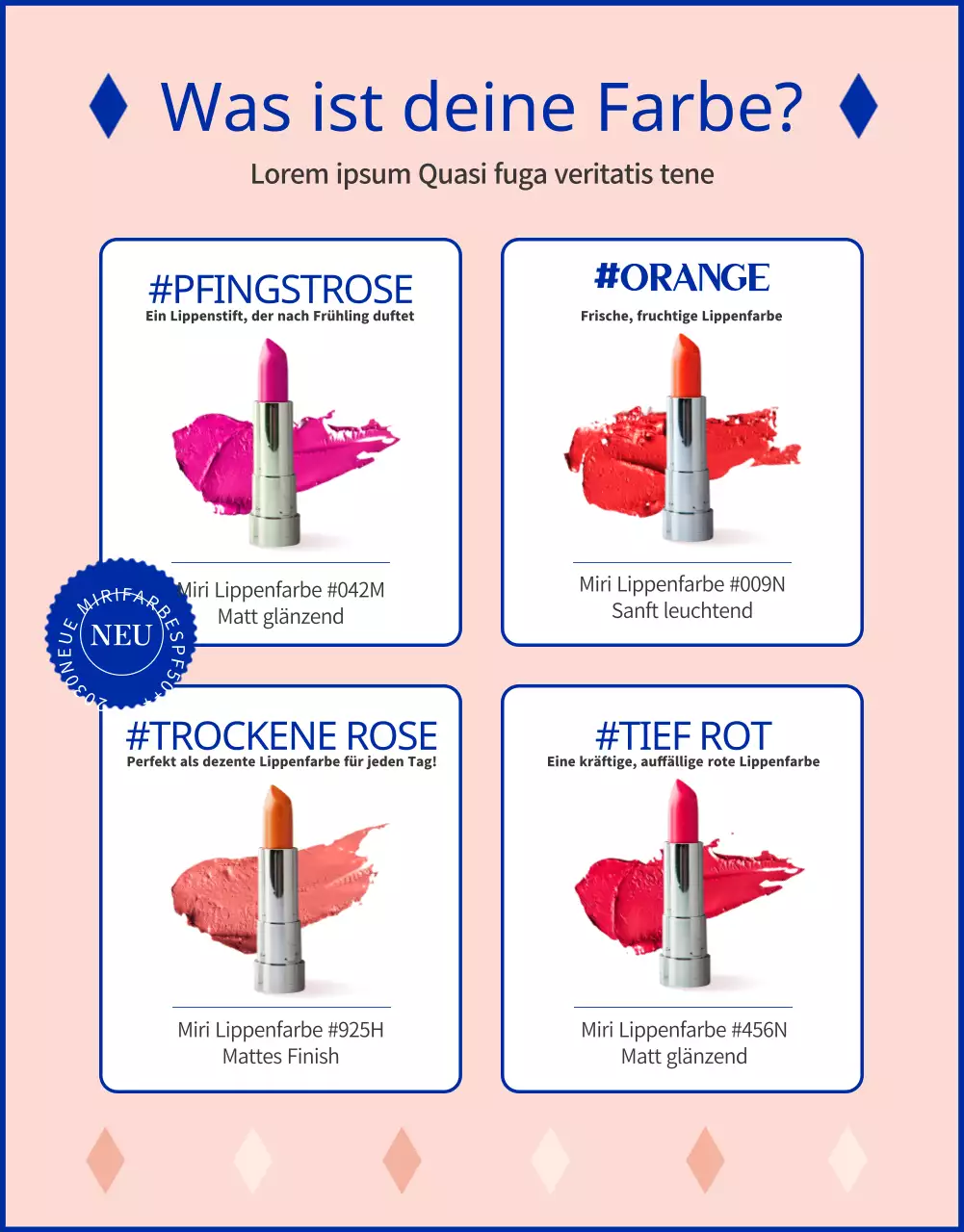 Förderung leuchtender Lippenstifte mit rosa-orangen Farbakzenten