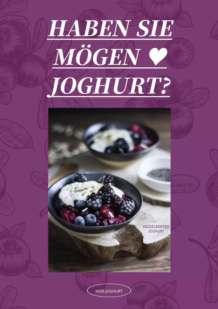 Einfaches Joghurt-Werbeplakat mit lila Blaubeerzeichnung im Hintergrund