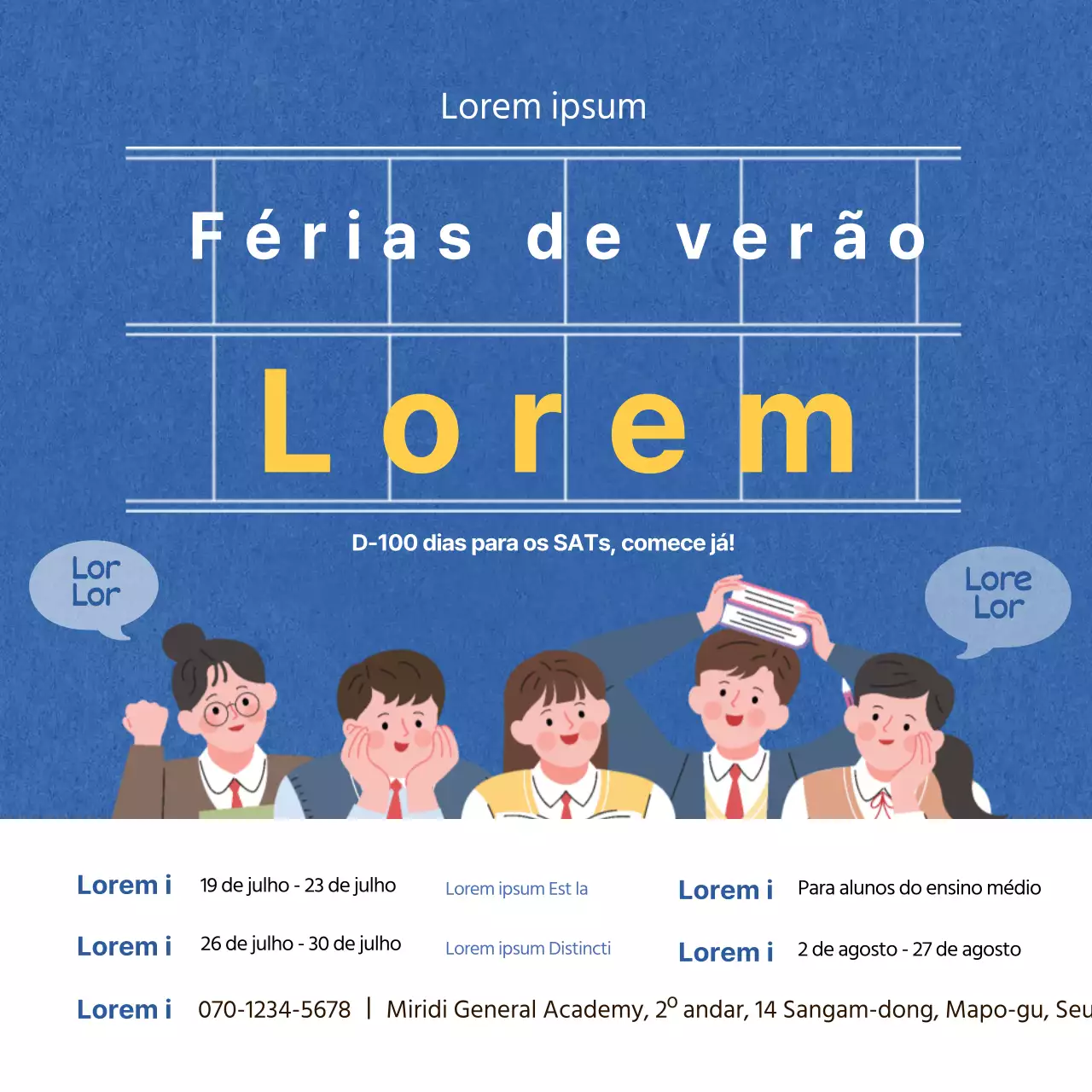 Uma faixa quadrada com uma ilustração azul para promover uma escola de verão para os SATs.
