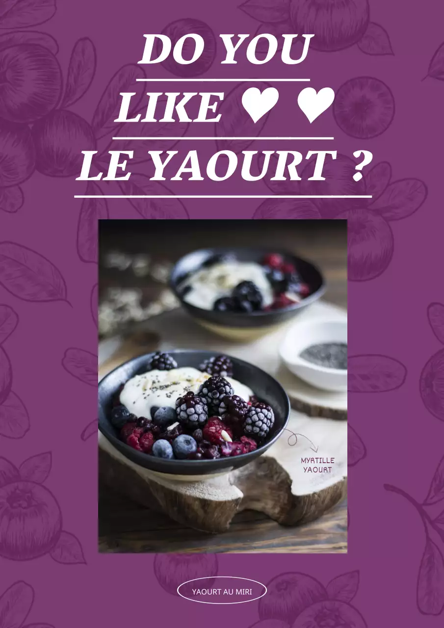 Affiche promotionnelle simple de yaourt sur fond de dessin de myrtilles violettes
