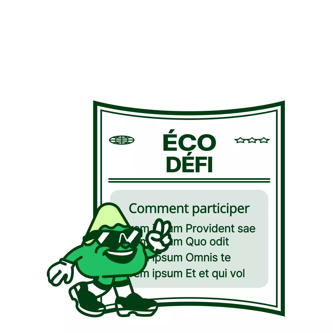 Illustration d'un personnage mignon et branché avec une couleur verte fraîche Informations sur l'événement Eco Challenge