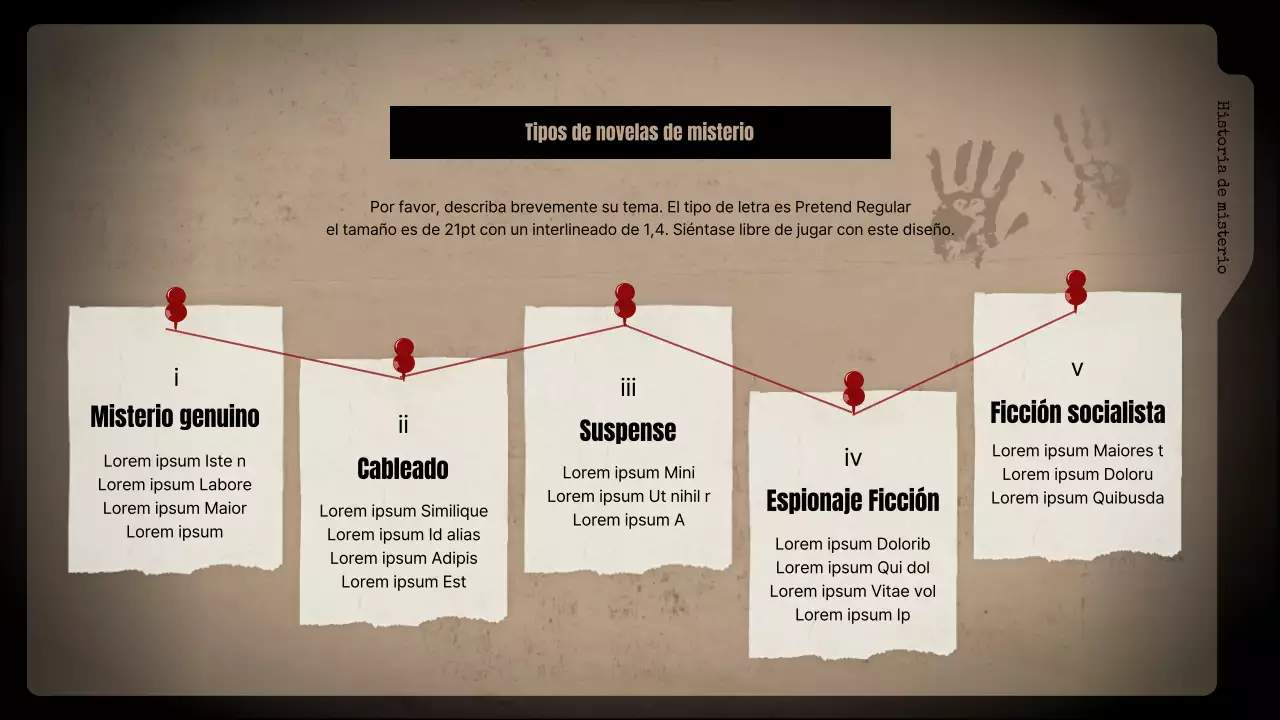 Analizar las novelas de misterio con fondo negro y archivadores marrones