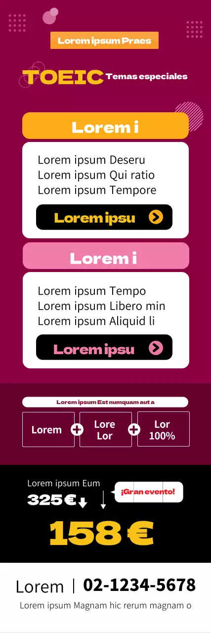 Énfasis en el texto en rojo Evento especial TOEIC ordenado Promoción escolar