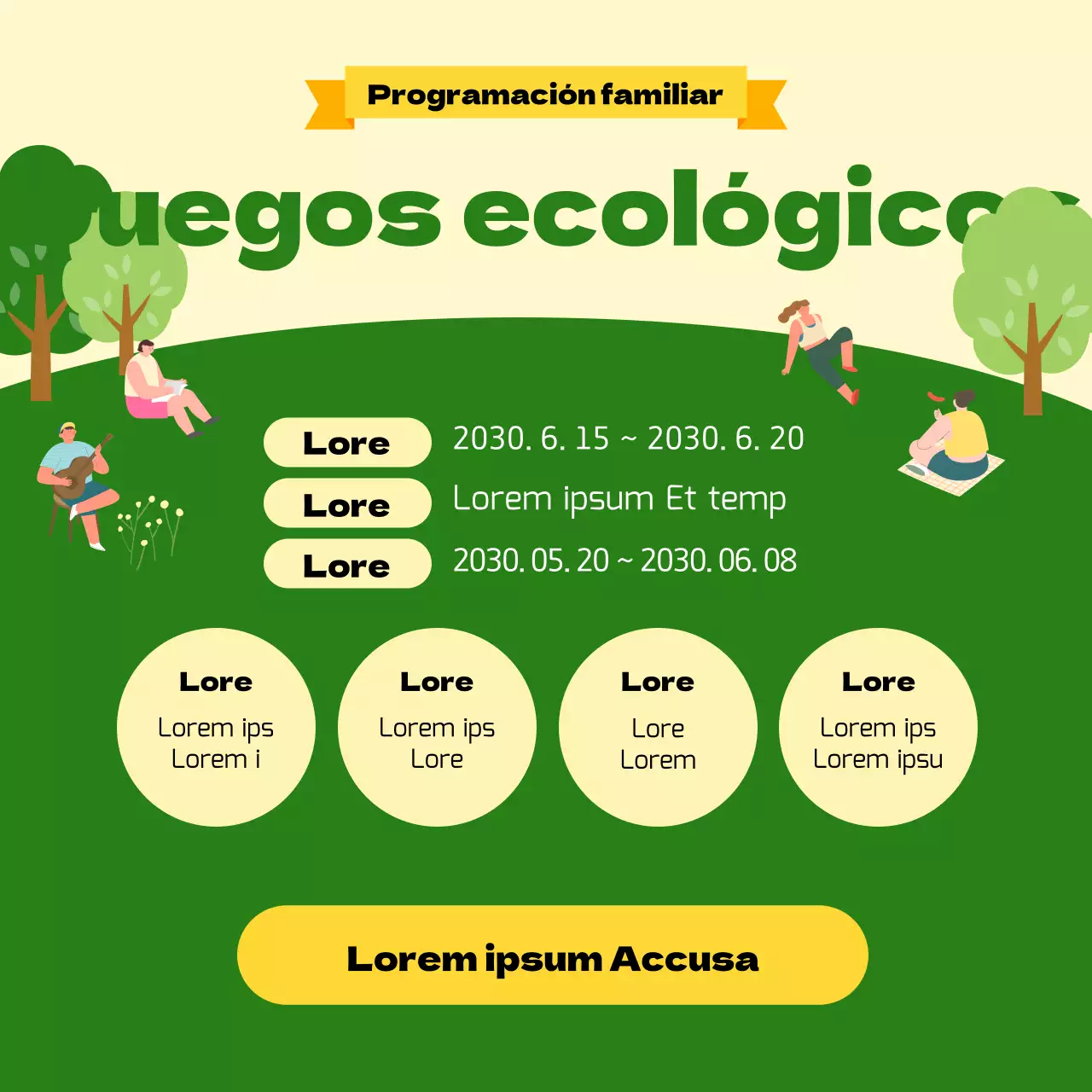 Programa de juego ecológico ilustrado en amarillo y verde