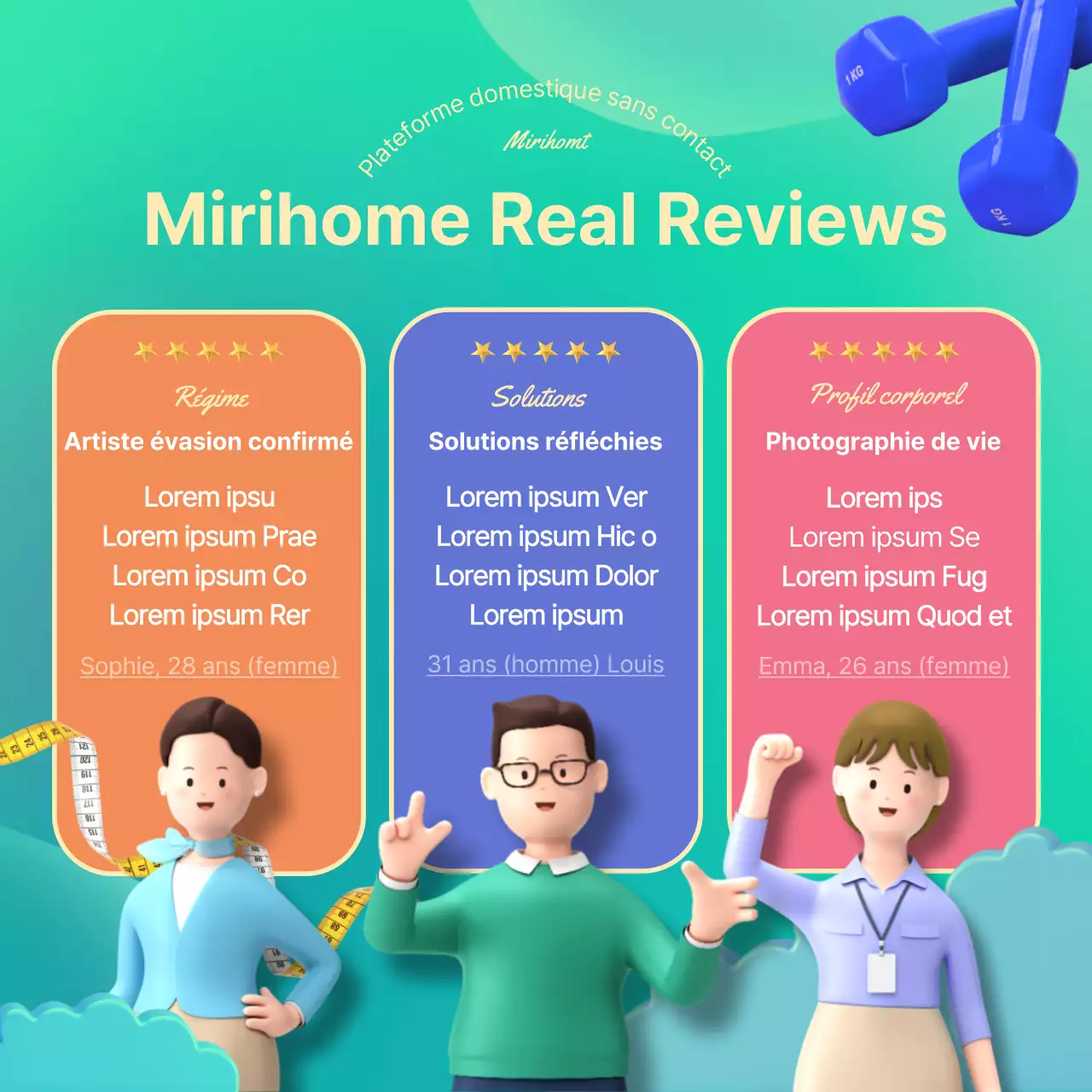 Promouvoir une mignonne application de plateforme d'entraînement à domicile sans contact en 3D, en vert et en rose.