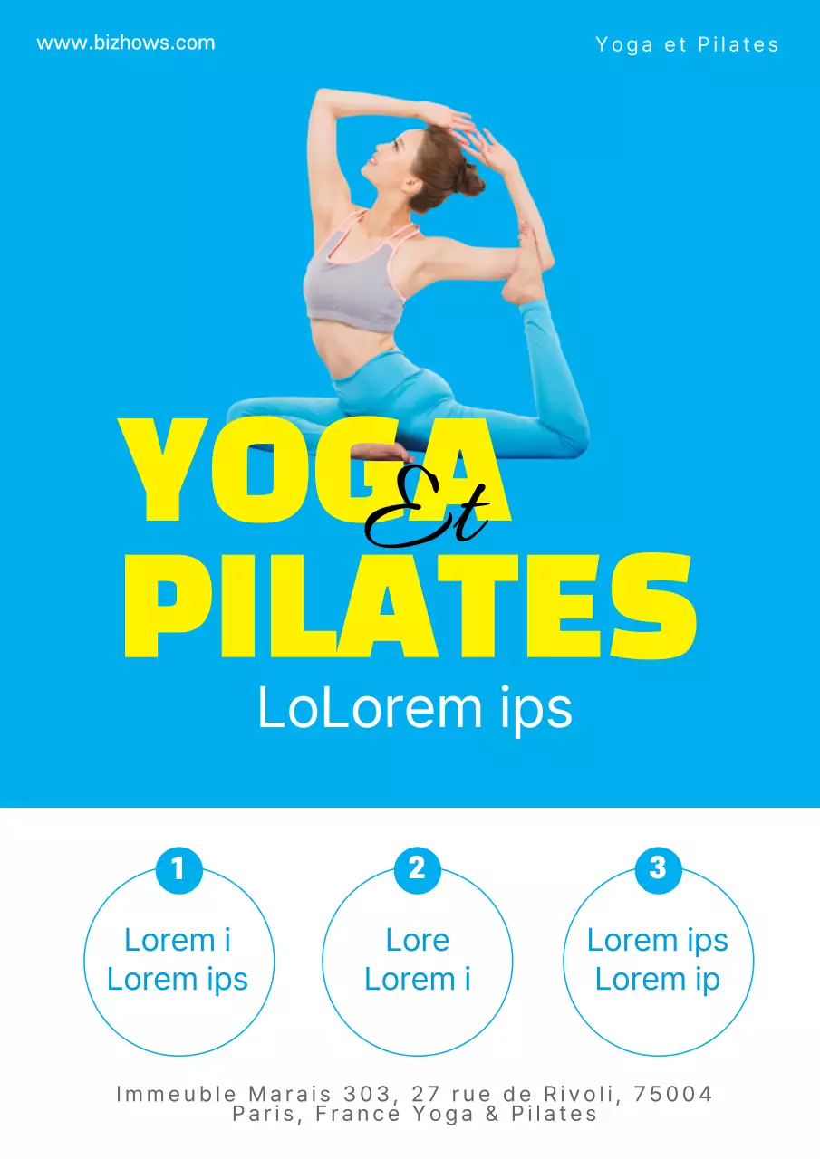 Une simple offre de réduction pour une école de yoga avec la photo d'une femme faisant du Pilates en bleu.