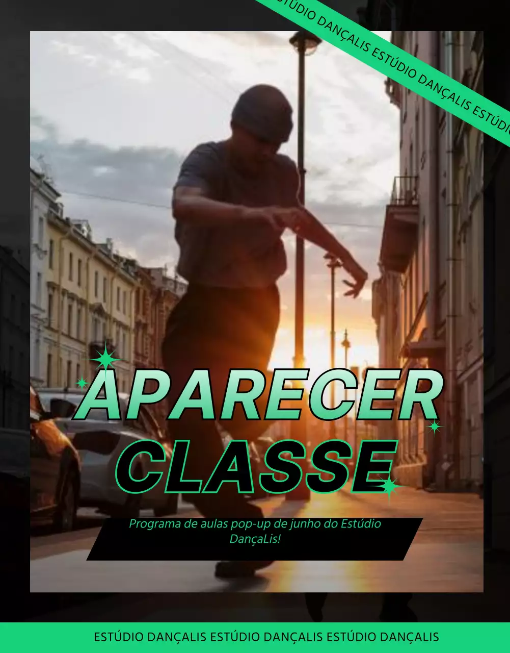 Detalhes da aula pop-up de dança em preto e verde