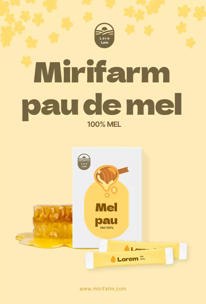 Postal amarelo com palito de mel para promoção de produtos