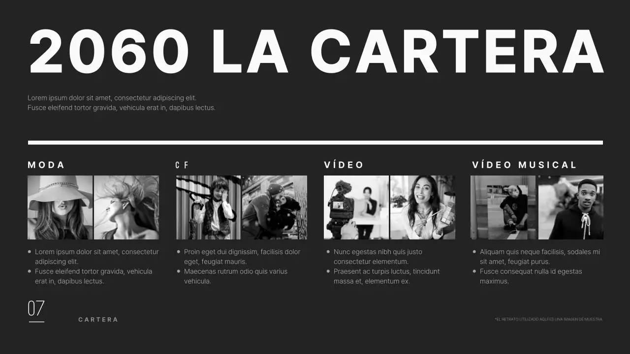 Perfil de empresa de agencia de modelos limpio y moderno en negro.