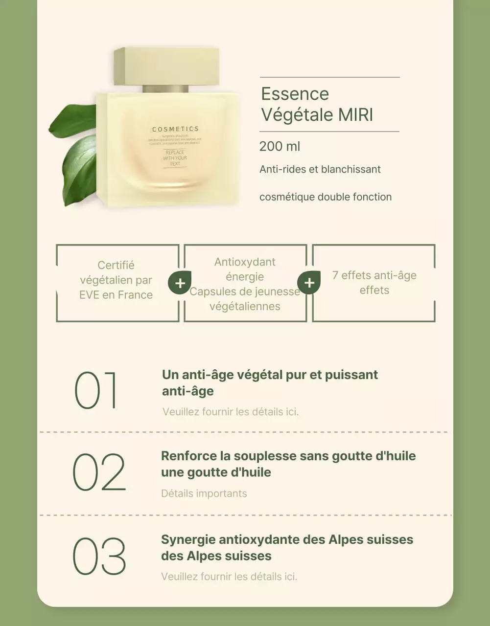 Cosmétique végétalienne en vert ivoire page de détail