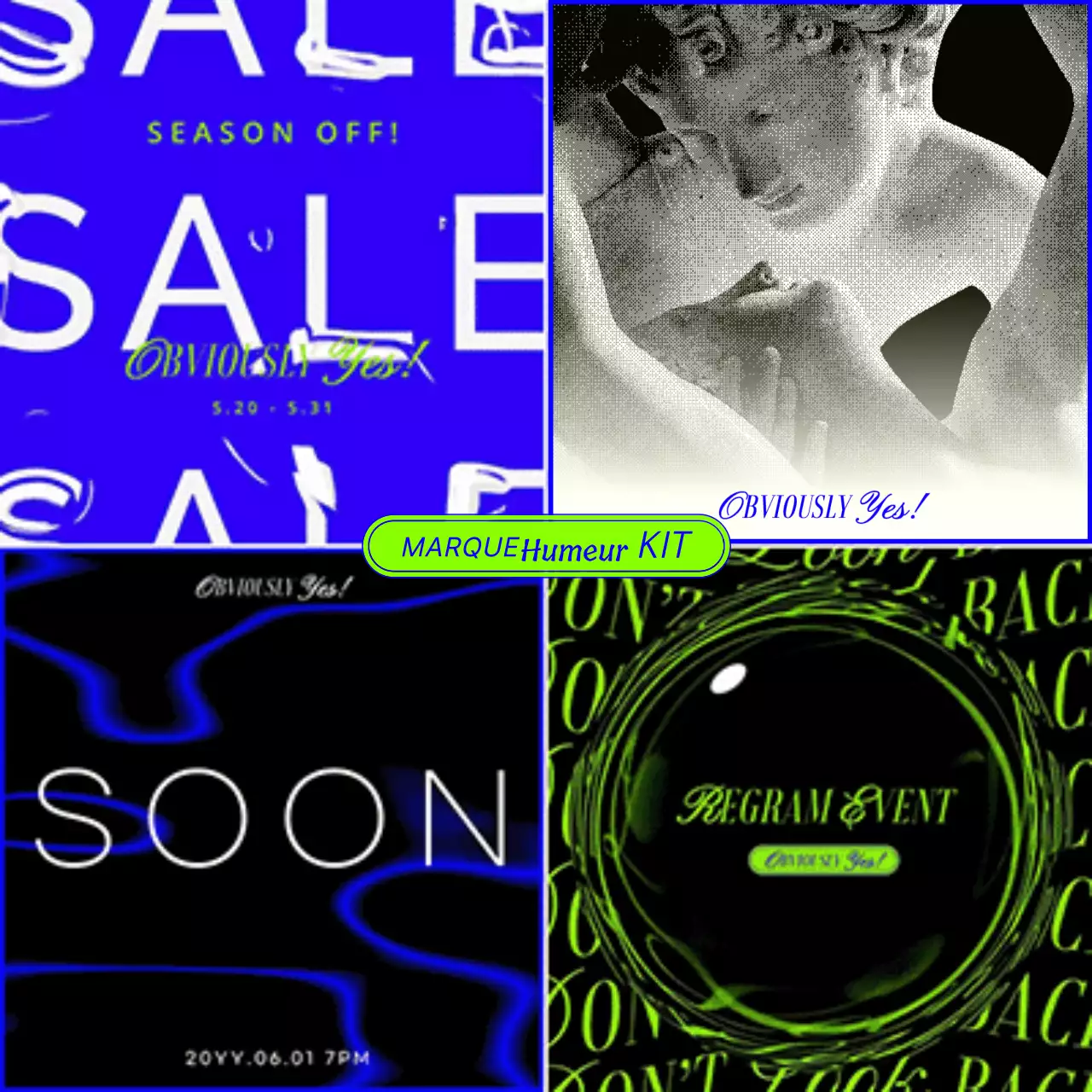 Une pochette d'ambiance de marque branchée en bleu et vert fluorescent