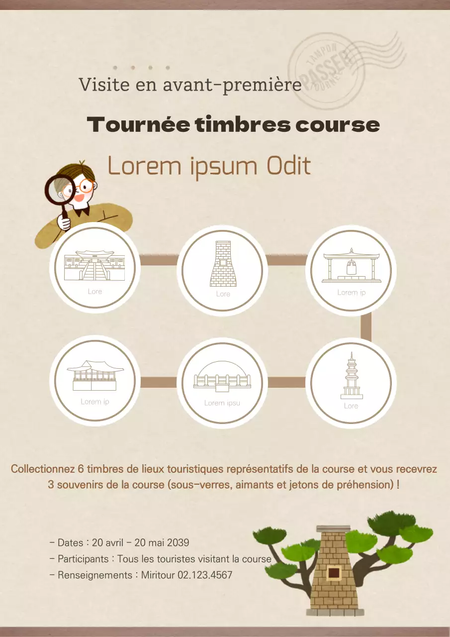 Une jolie feuille d'étude des timbres avec divers points de repère du monde entier en marron.