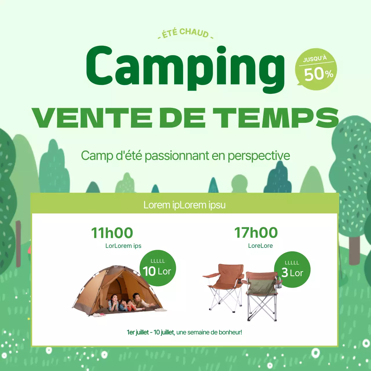 Bannière carrée de vente de camping vert citron