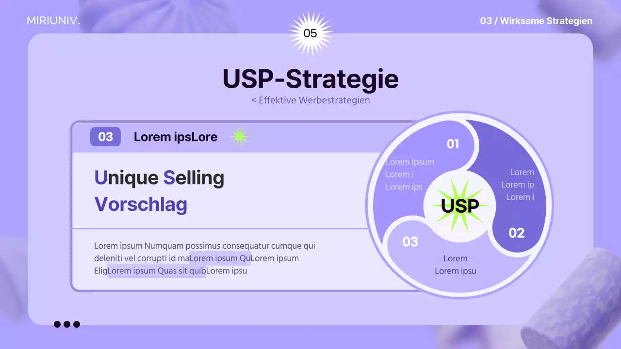 Verwenden Sie 3D-Elemente auf einem lilafarbenen Hintergrund, um ein Gefühl für den Raum zu schaffen und die Werbestrategie zu informieren.