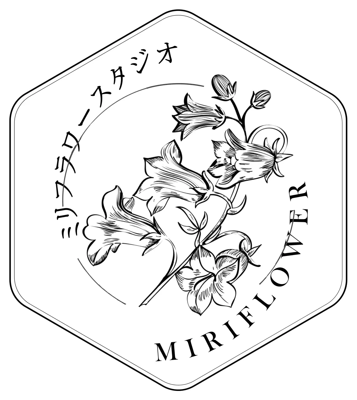 ブラックラインの花イラストのヴィンテージスタイルのバッジ型花屋さん