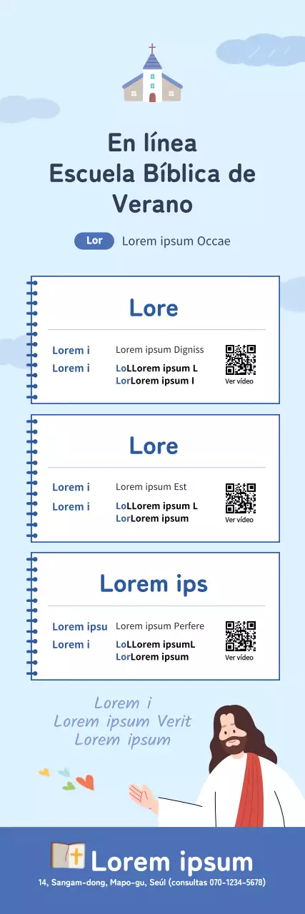 Escuela Bíblica de Verano en línea Iglesia Exposición con azul claro Noteconcept ilustración