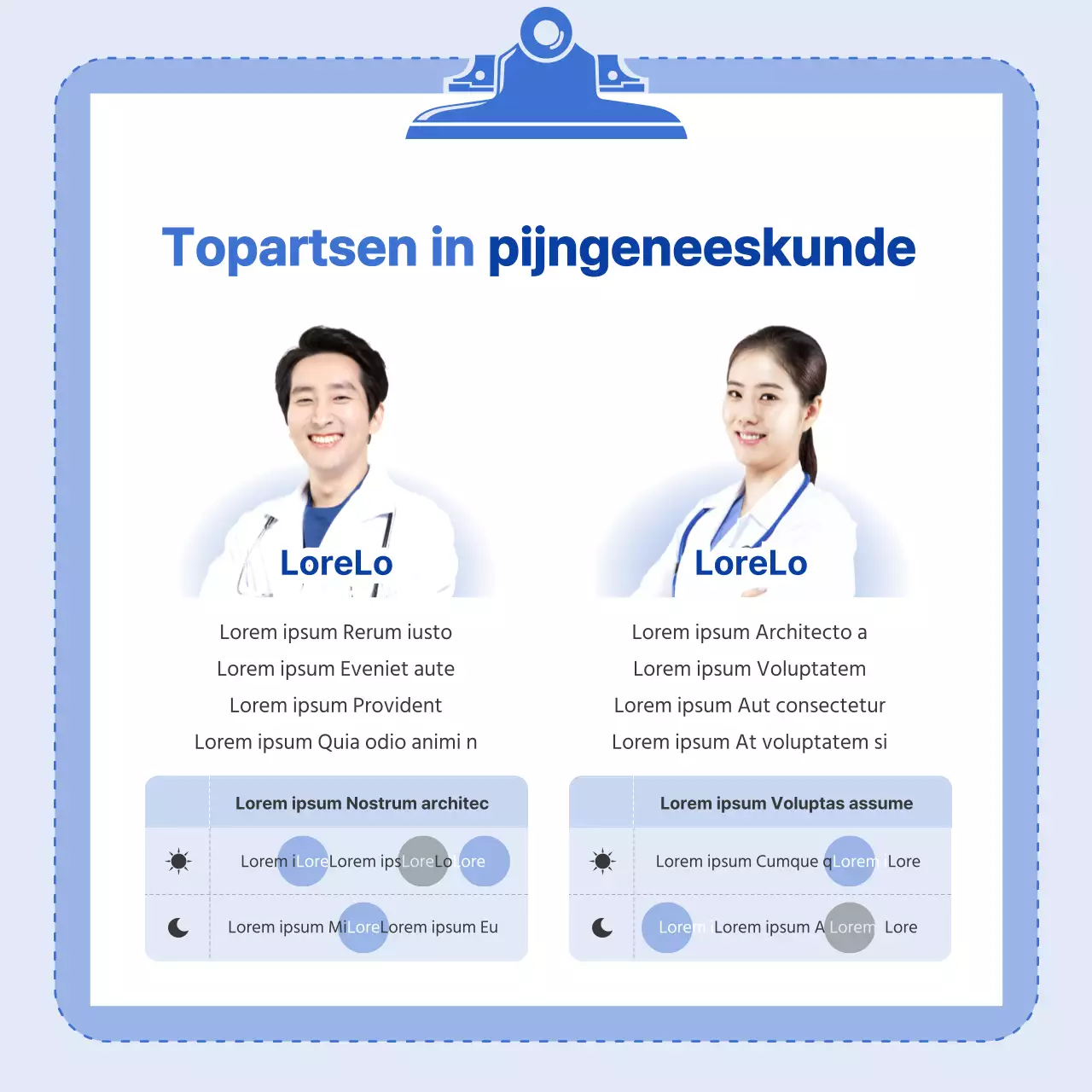 Blauw kleurenschema met heldere illustraties en een infografisch concept.