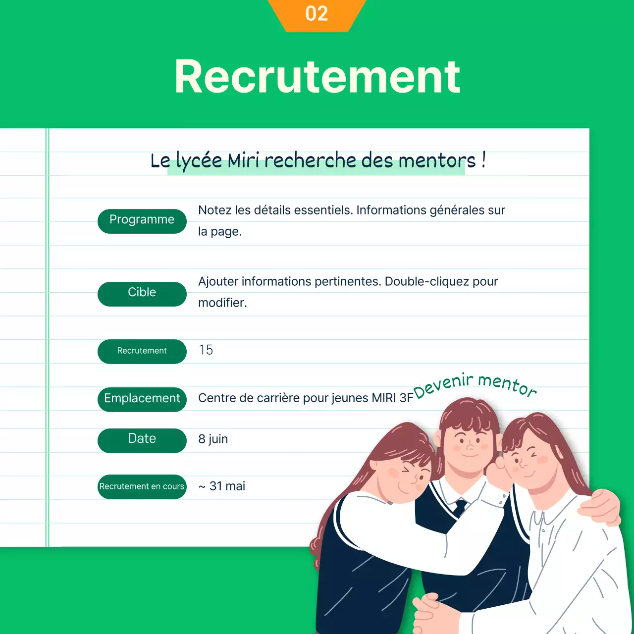 Illustration verte et orange Concept Recrutement d'étudiants universitaires bénévoles