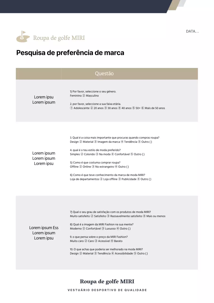 Investigação das preferências das marcas de vestuário de golfe por cinzento escuro e bege
