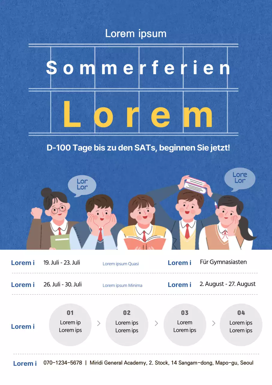 Vertikales Poster mit blau getönten Illustrationen zur Werbung für die Sommer-SAT-Vorbereitungsschule