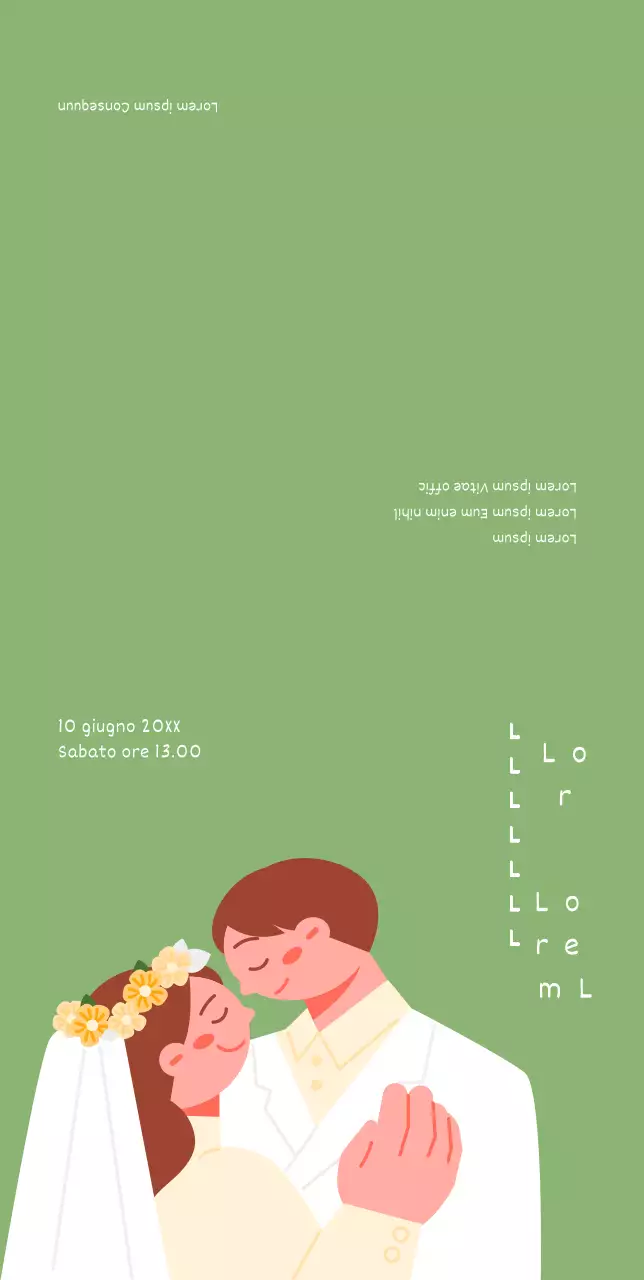 Invito di matrimonio semplice ed elegante con una simpatica illustrazione di sposi su sfondo verde