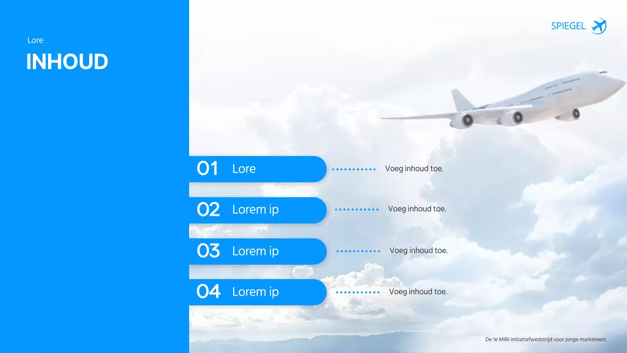 Luchtvaartmaatschappij reclame marketeer wedstrijd pitch in blauw